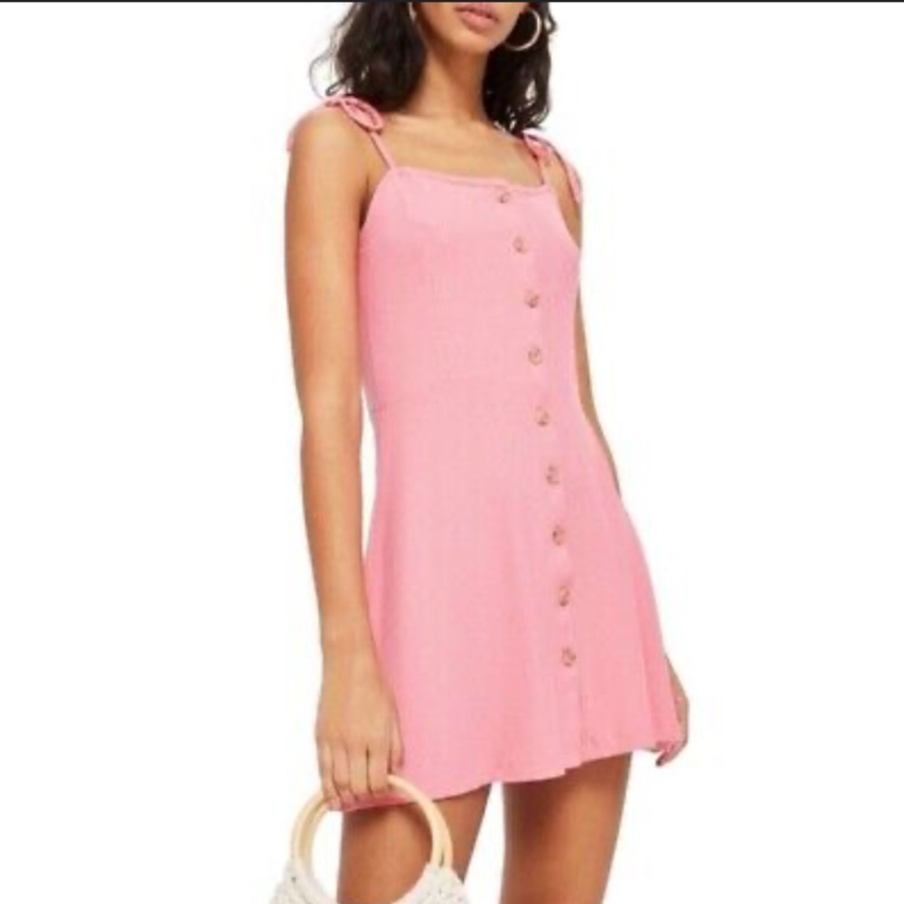 Topshop Pink Button Down Ribboned Strap Mini Dress Women’s Size 10